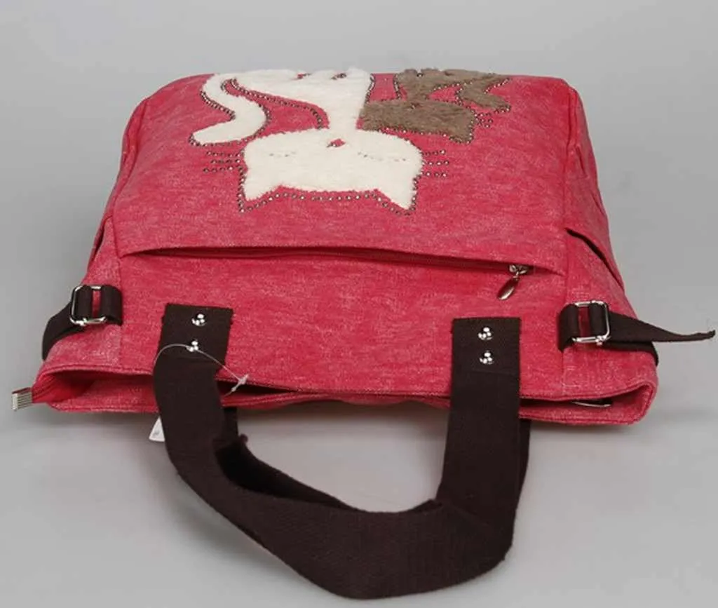 Valentoria Canvas Tote Handbag for Women Cute Cat Embroidery Shoulder Purse Large Zipper Travel Work Shopping Grocery Bags
