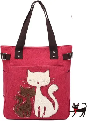 Valentoria Canvas Tote Handbag for Women Cute Cat Embroidery Shoulder Purse Large Zipper Travel Work Shopping Grocery Bags