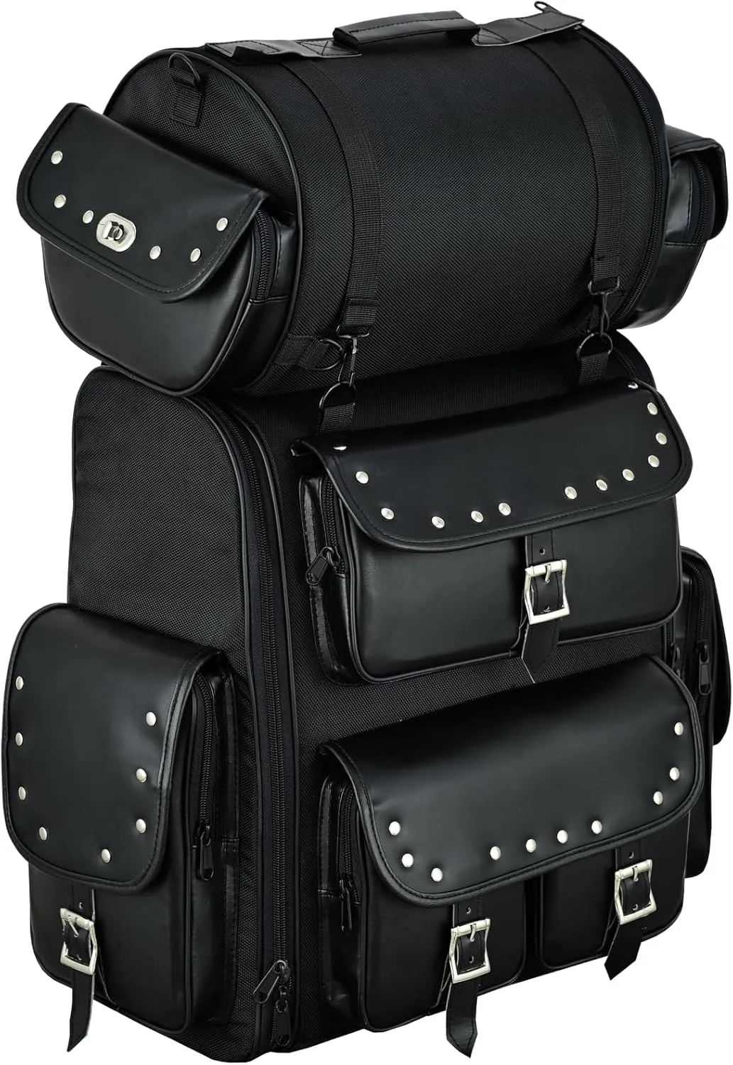 Vance Leathers Large Studded 2 Piece Sissy Bar Bag - Motorcycle Luggage with Multiple Storage Pockets & Removeable Rain Cover