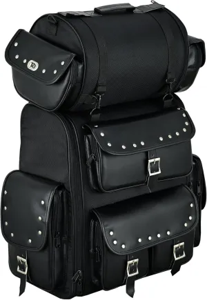 Vance Leathers Large Studded 2 Piece Sissy Bar Bag - Motorcycle Luggage with Multiple Storage Pockets & Removeable Rain Cover