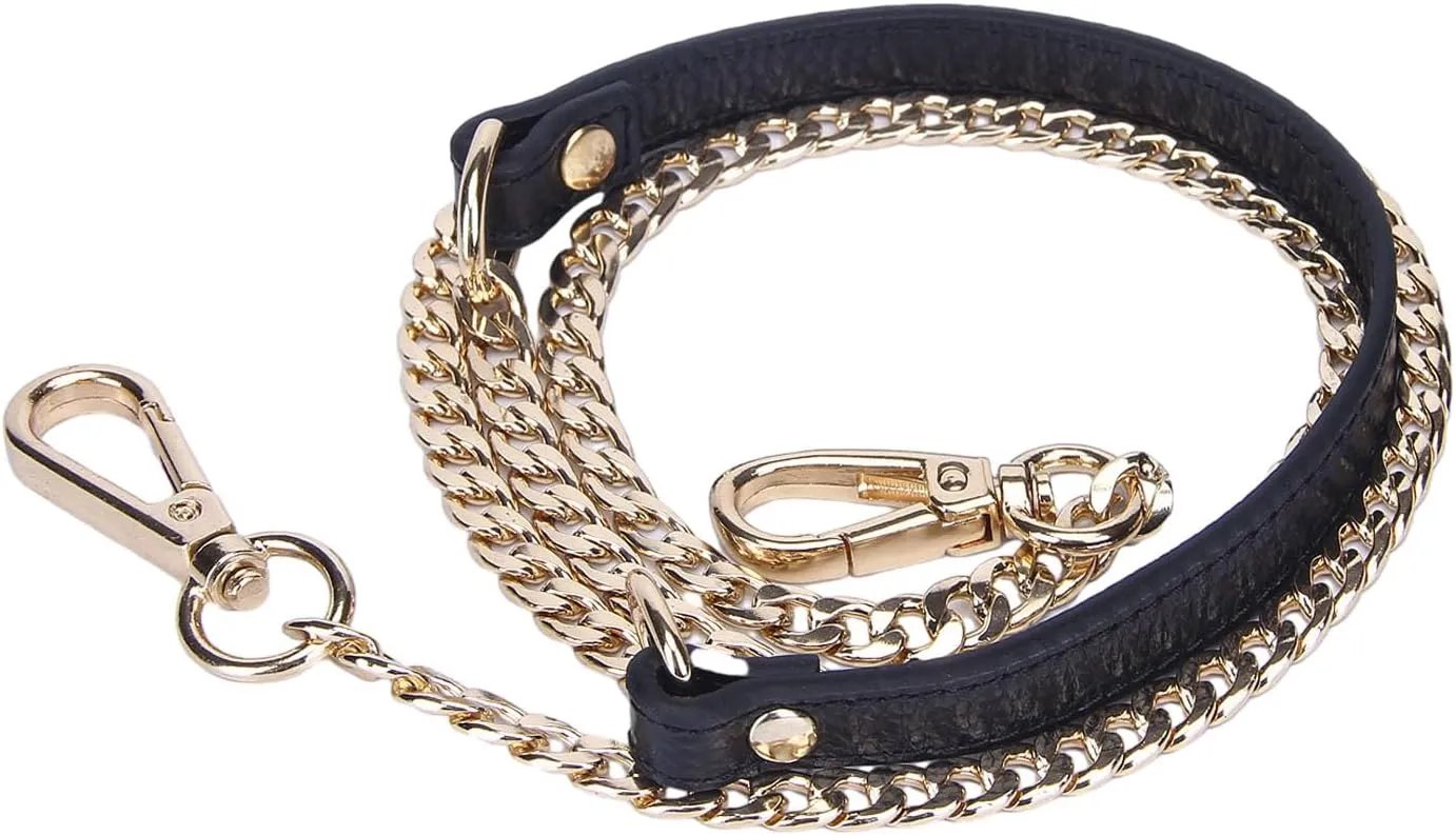 VanEnjoy 12MM Replacement Chain & Genuine Leather Shoulder Crossbody Straps for Handbags Purse Bags (Black) (Black)