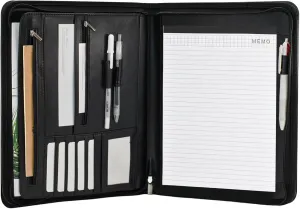 VANRA Zippered Padfolio for Men Leather Portfolio for Women Binder Organizer Interview Resume Folder for Papers Document Holder Planner Binder A4 Letter Size with Notepad, Black