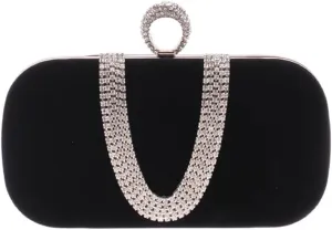 Velvet Fabric Women's Bag with Diamond Finger Dinner Party Bag U-Shaped Velvet Bag(E)