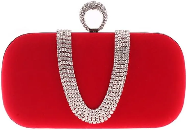Velvet Fabric Women's Bag with Diamond Finger Dinner Party Bag U-Shaped Velvet Bag(E)