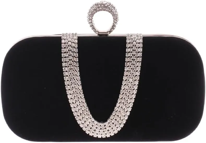 Velvet Fabric Women's Bag with Diamond Finger Dinner Party Bag U-Shaped Velvet Bag(E)