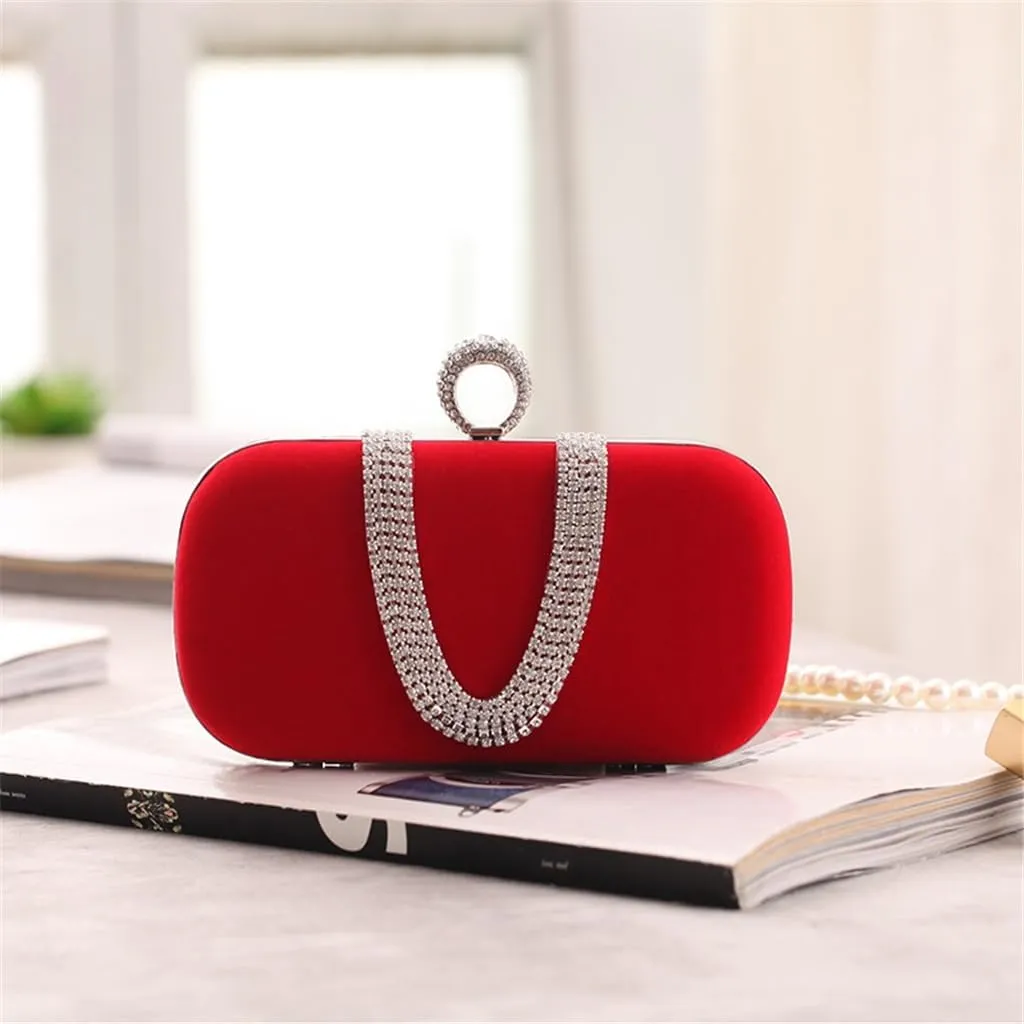 Velvet Fabric Women's Bag with Diamond Finger Dinner Party Bag U-Shaped Velvet Bag(E)