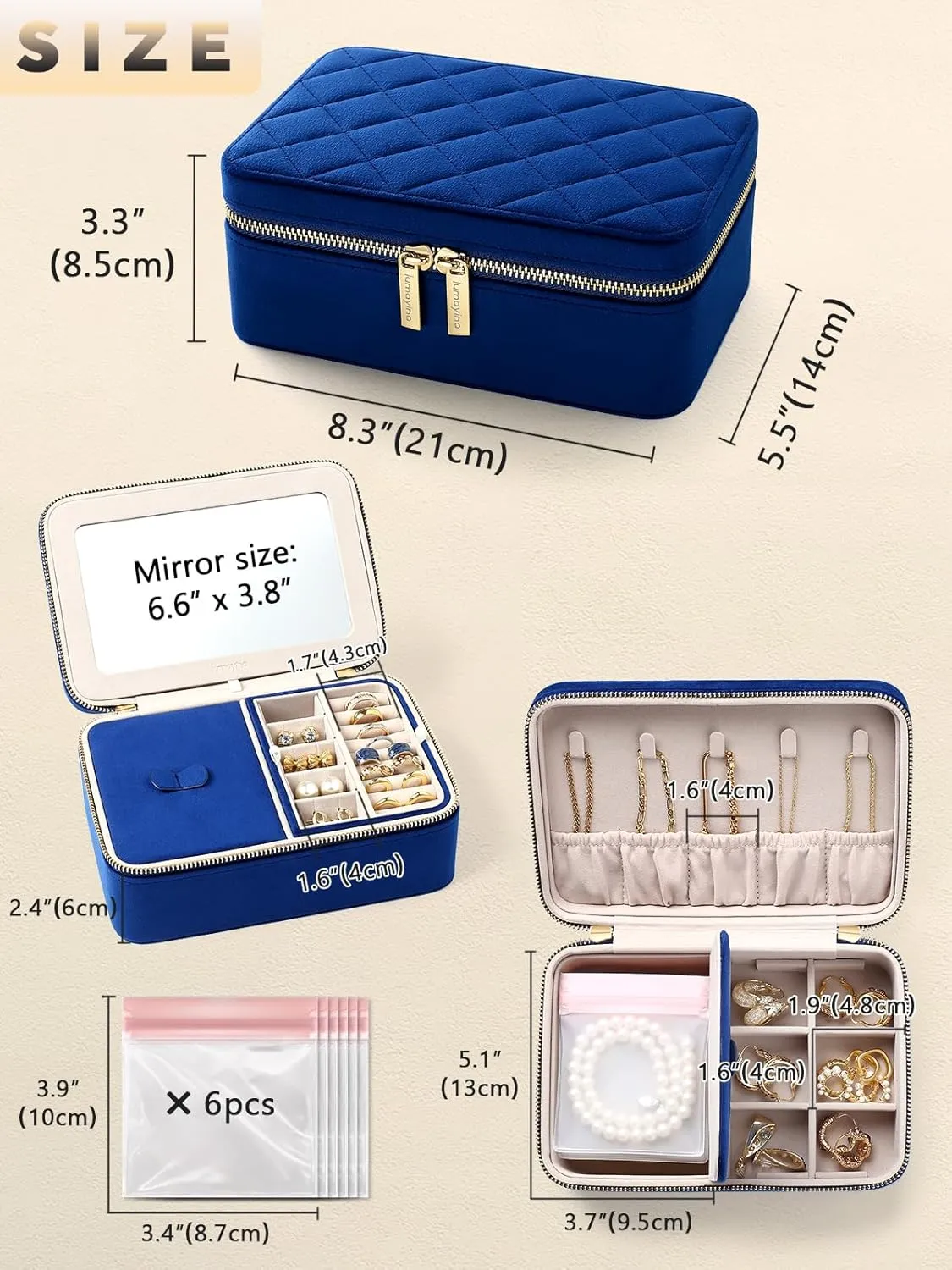 Velvet Travel Jewelry Box with Large Mirror, Double-Layer Jewelry Organizer Case for Women and Girls, Portable Storage Case with 6 Anti-Tarnish Bags Gift Ready for Her (Navy Blue)