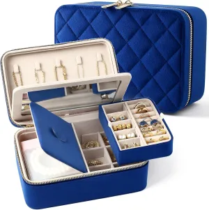Velvet Travel Jewelry Box with Large Mirror, Double-Layer Jewelry Organizer Case for Women and Girls, Portable Storage Case with 6 Anti-Tarnish Bags Gift Ready for Her (Navy Blue)