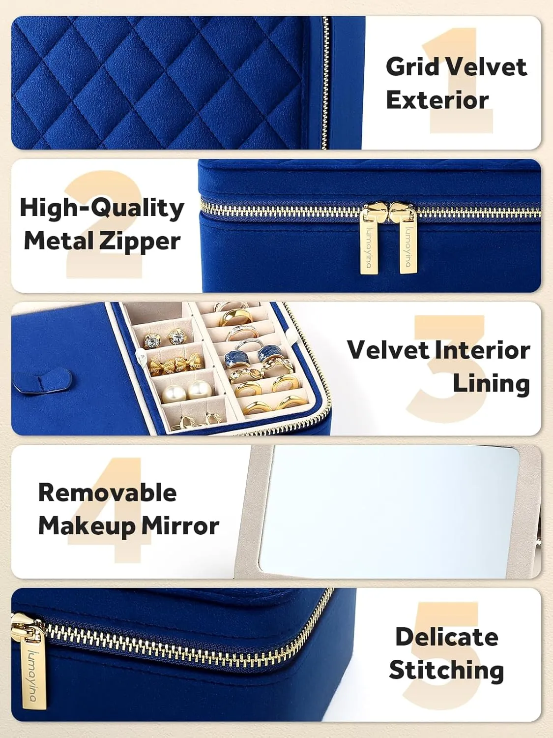 Velvet Travel Jewelry Box with Large Mirror, Double-Layer Jewelry Organizer Case for Women and Girls, Portable Storage Case with 6 Anti-Tarnish Bags Gift Ready for Her (Navy Blue)