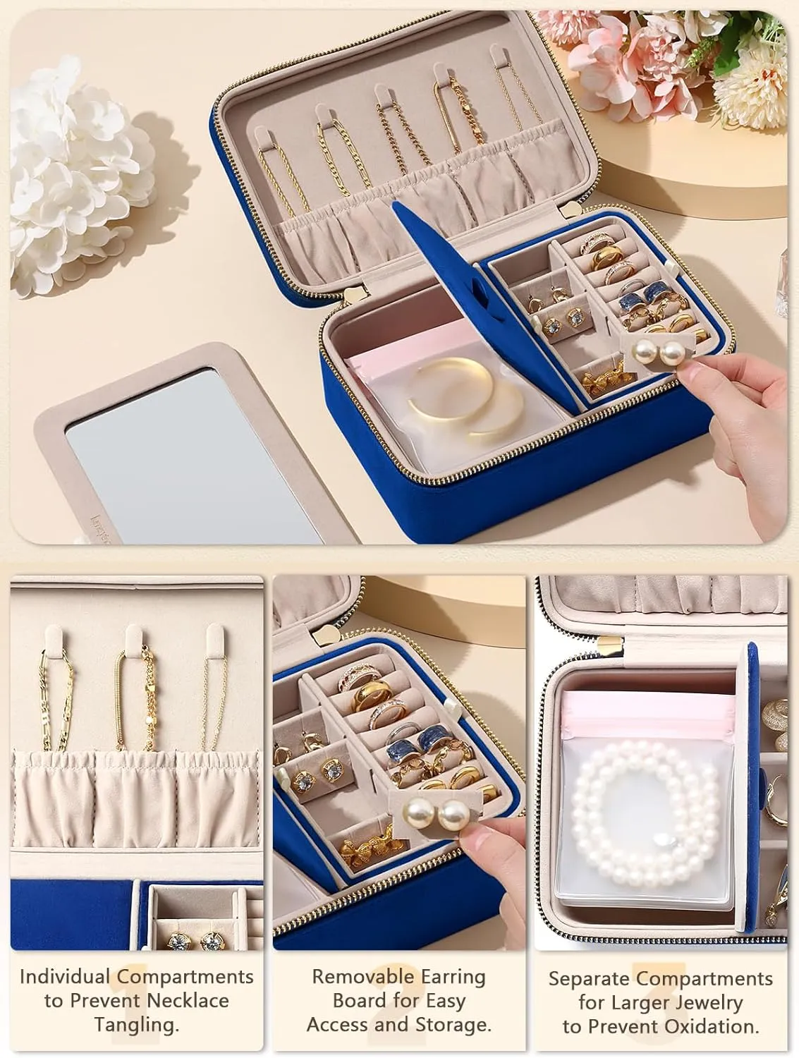 Velvet Travel Jewelry Box with Large Mirror, Double-Layer Jewelry Organizer Case for Women and Girls, Portable Storage Case with 6 Anti-Tarnish Bags Gift Ready for Her (Navy Blue)