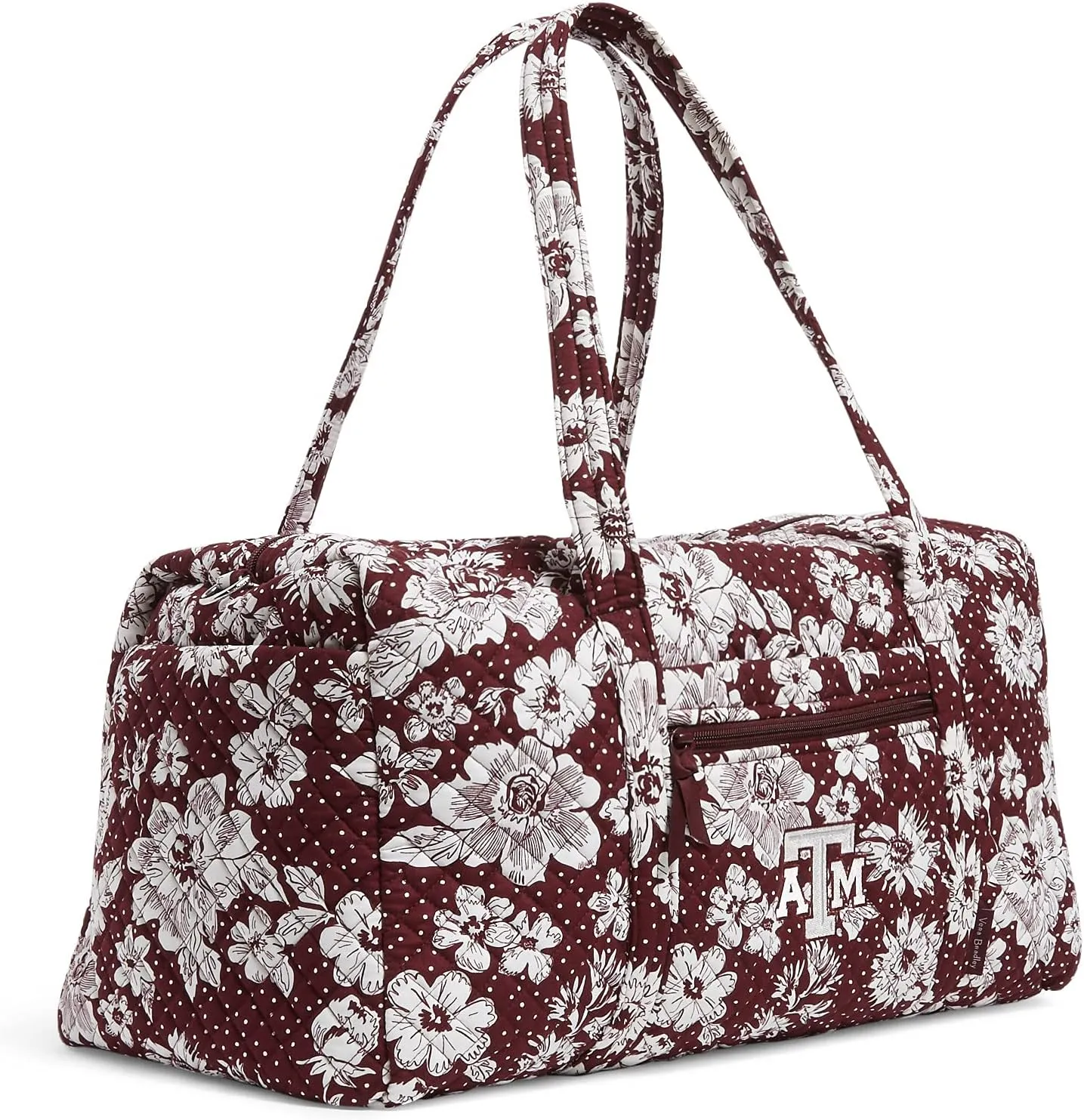 Vera Bradley Women's Cotton Collegiate Large Travel Duffle Bag (Multiple Teams Available), Texas A and M University Maroon/White Rain Garden - Recycled Cotton, One Size