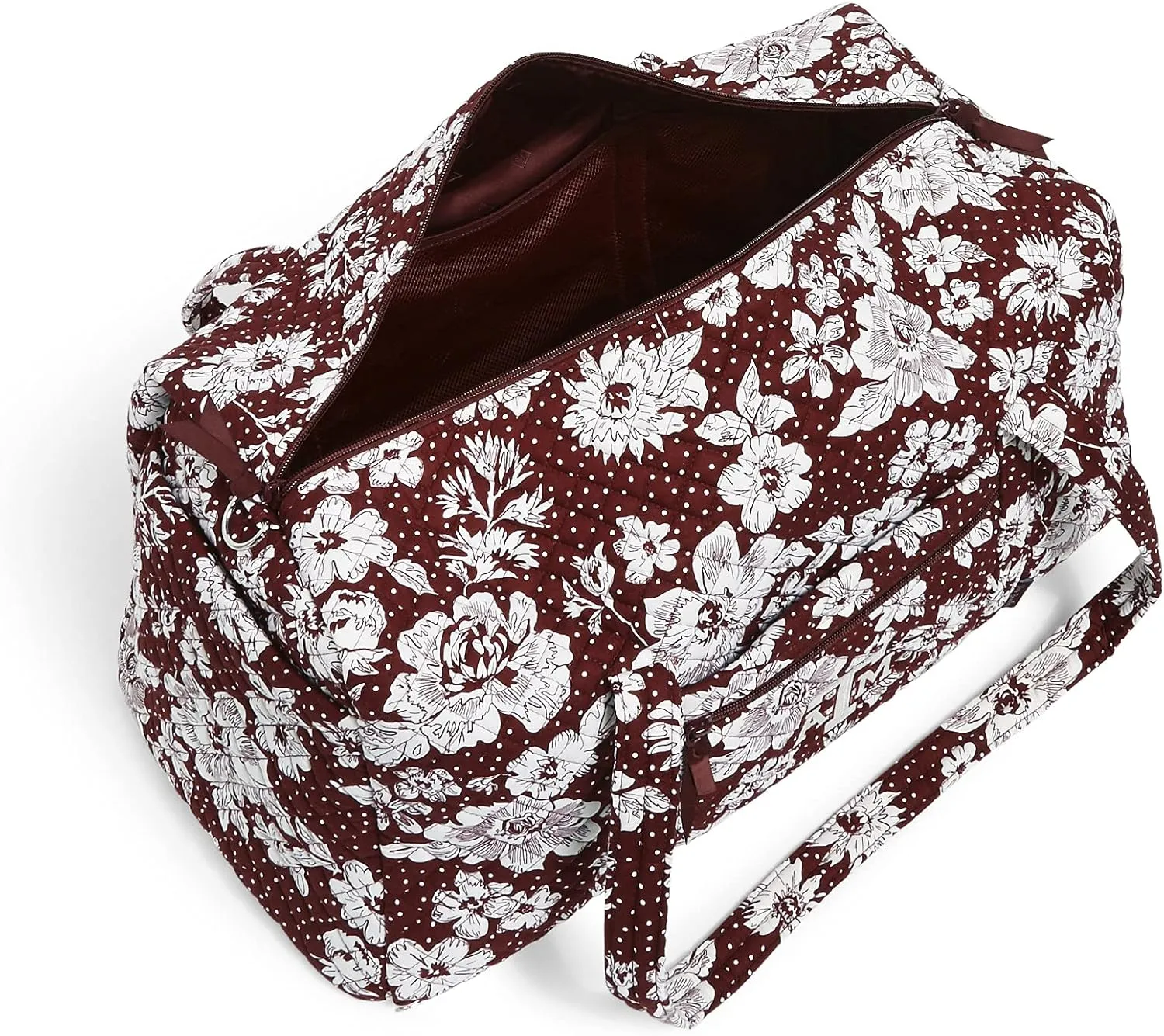 Vera Bradley Women's Cotton Collegiate Large Travel Duffle Bag (Multiple Teams Available), Texas A and M University Maroon/White Rain Garden - Recycled Cotton, One Size