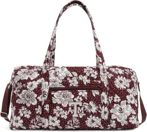 Vera Bradley Women's Cotton Collegiate Large Travel Duffle Bag (Multiple Teams Available), Texas A and M University Maroon/White Rain Garden - Recycled Cotton, One Size