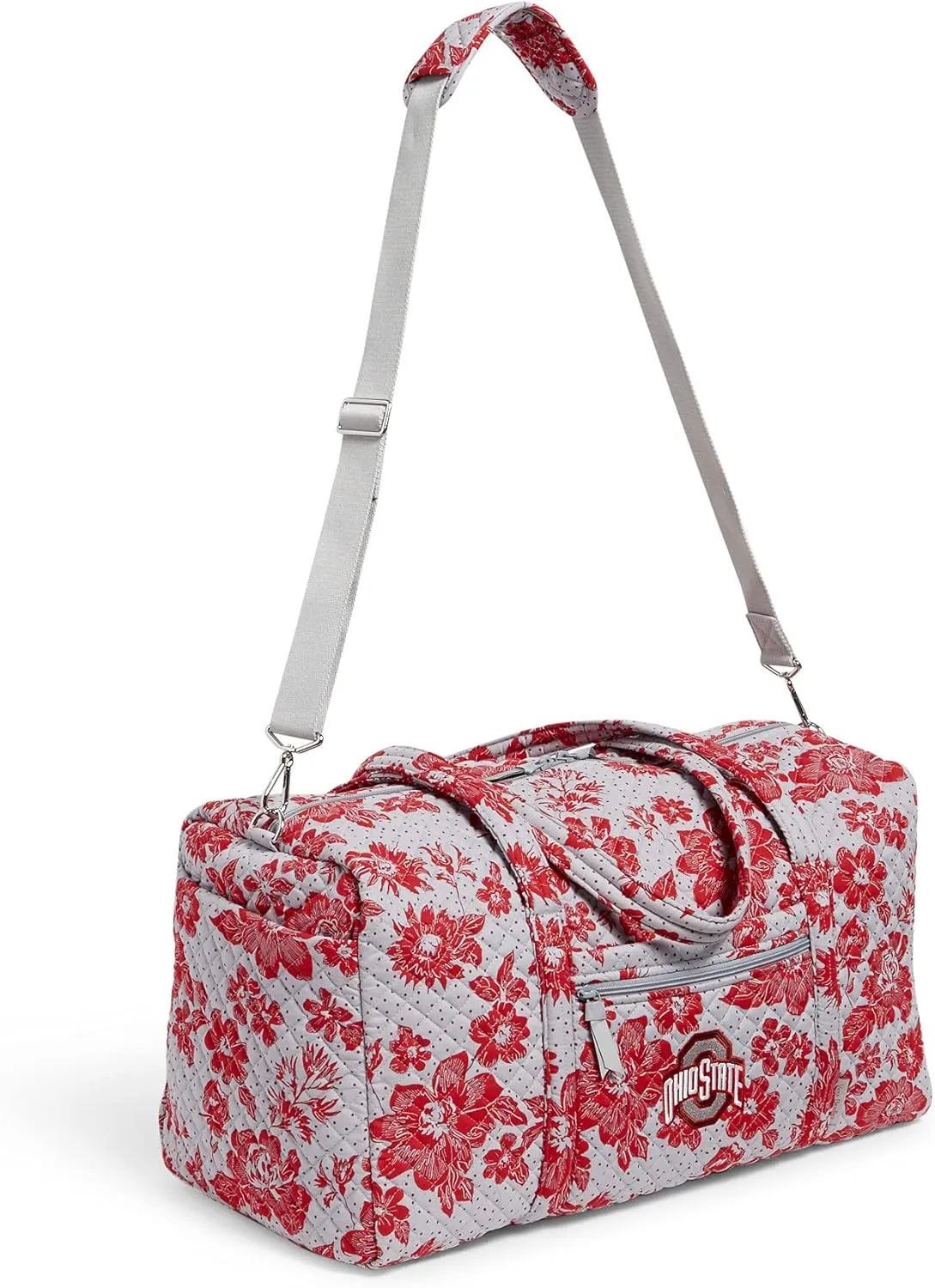 Vera Bradley Women's Cotton Collegiate Large Travel Duffle Bag (Multiple Teams Available), The Ohio State University Gray/Red Rain Garden - Recycled Cotton, One Size