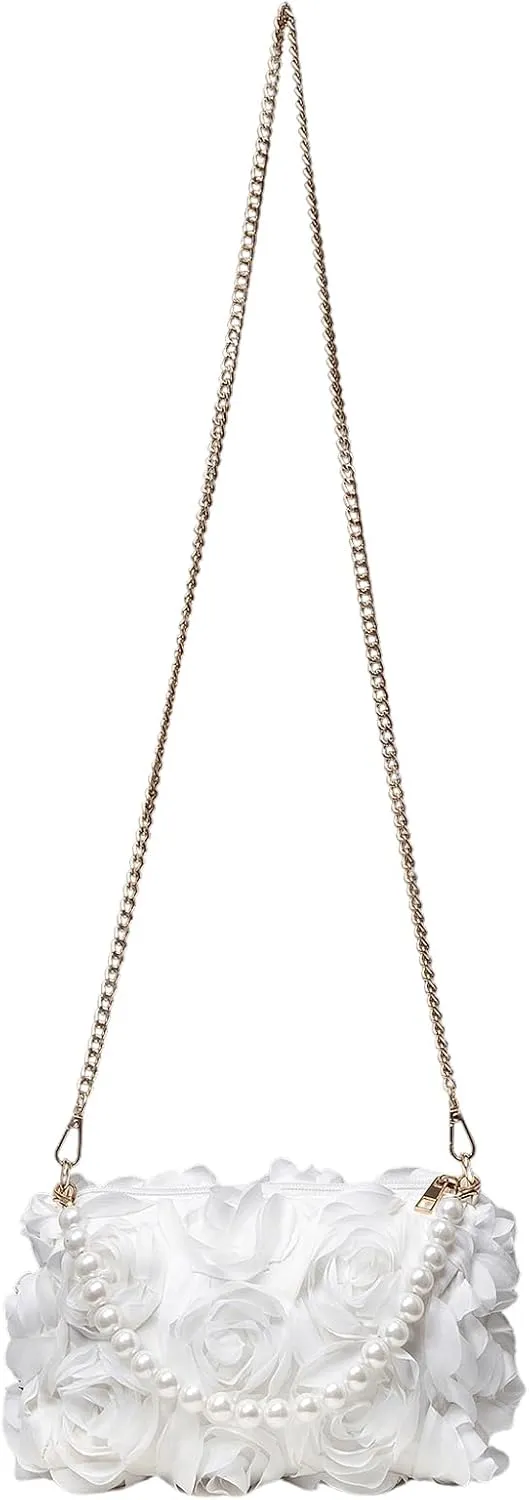 Verdusa Women's 3D Flower Pearl Top Handle Clutch Purses Evening Handbags Crossbody Bag