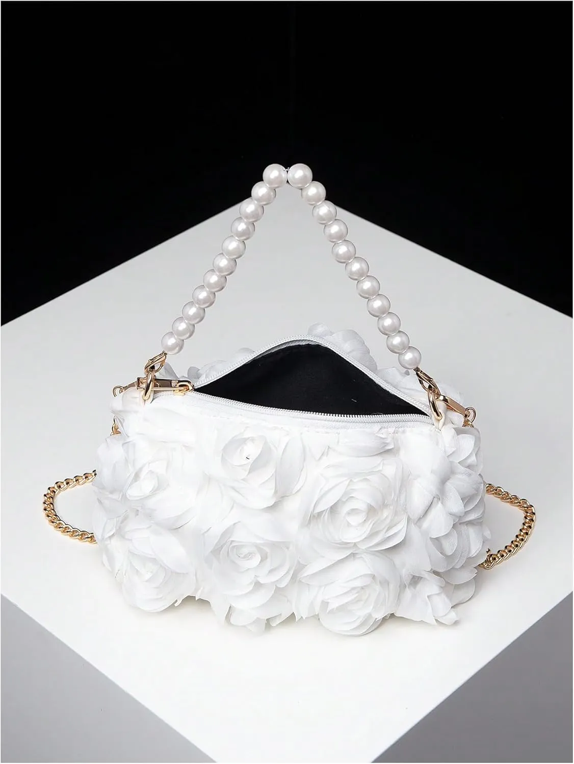 Verdusa Women's 3D Flower Pearl Top Handle Clutch Purses Evening Handbags Crossbody Bag