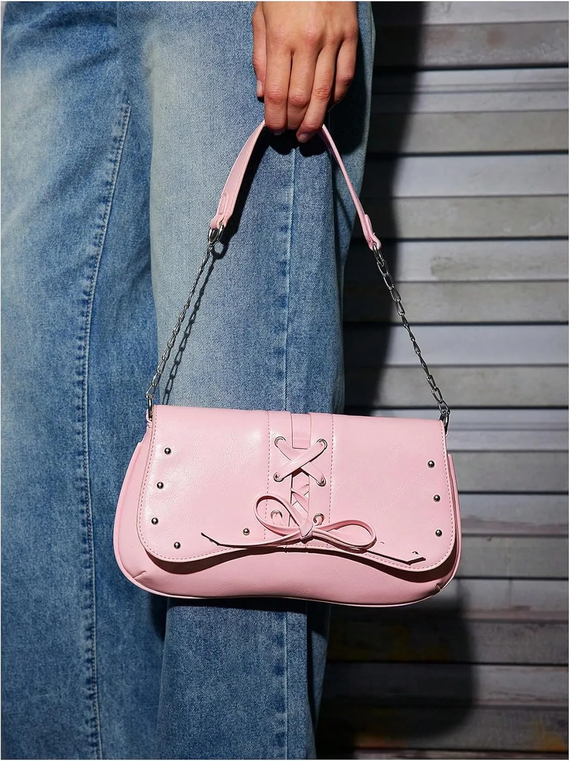 Verdusa Women's Bow Underarm Shoulder Bags Punk Studded PU Leather Bag