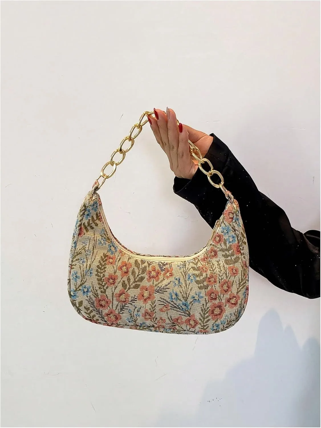 Verdusa Women's Floral Top Handle Hobo Bags Metal Chain Crescent Bag Handbags