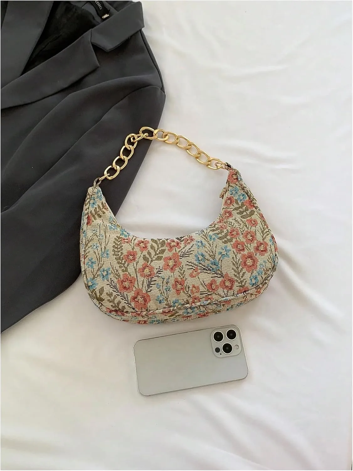 Verdusa Women's Floral Top Handle Hobo Bags Metal Chain Crescent Bag Handbags