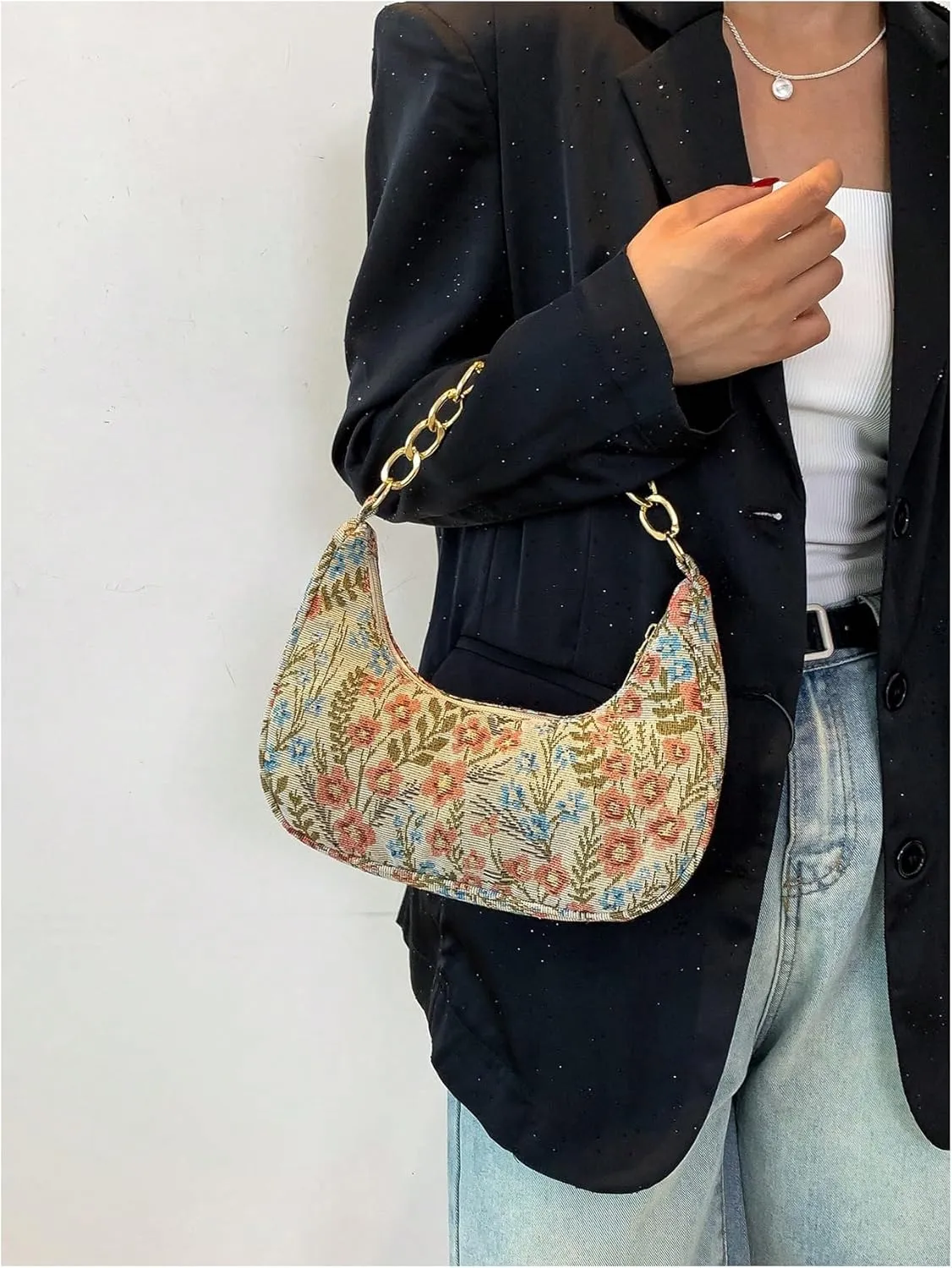 Verdusa Women's Floral Top Handle Hobo Bags Metal Chain Crescent Bag Handbags