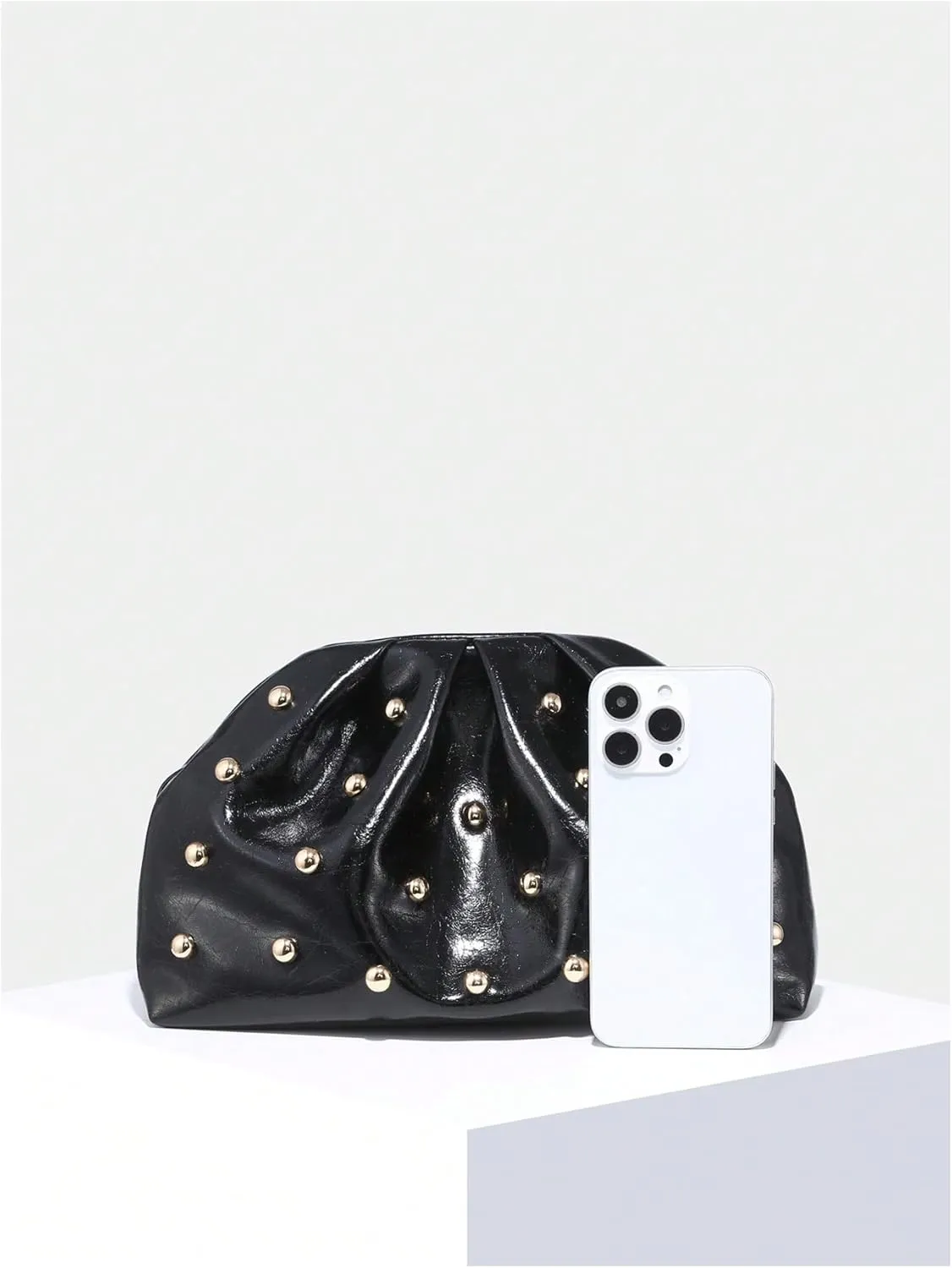 Verdusa Women's PU Leather Studded Clutch Handbags Retro Magnet Ruched Evening Bags