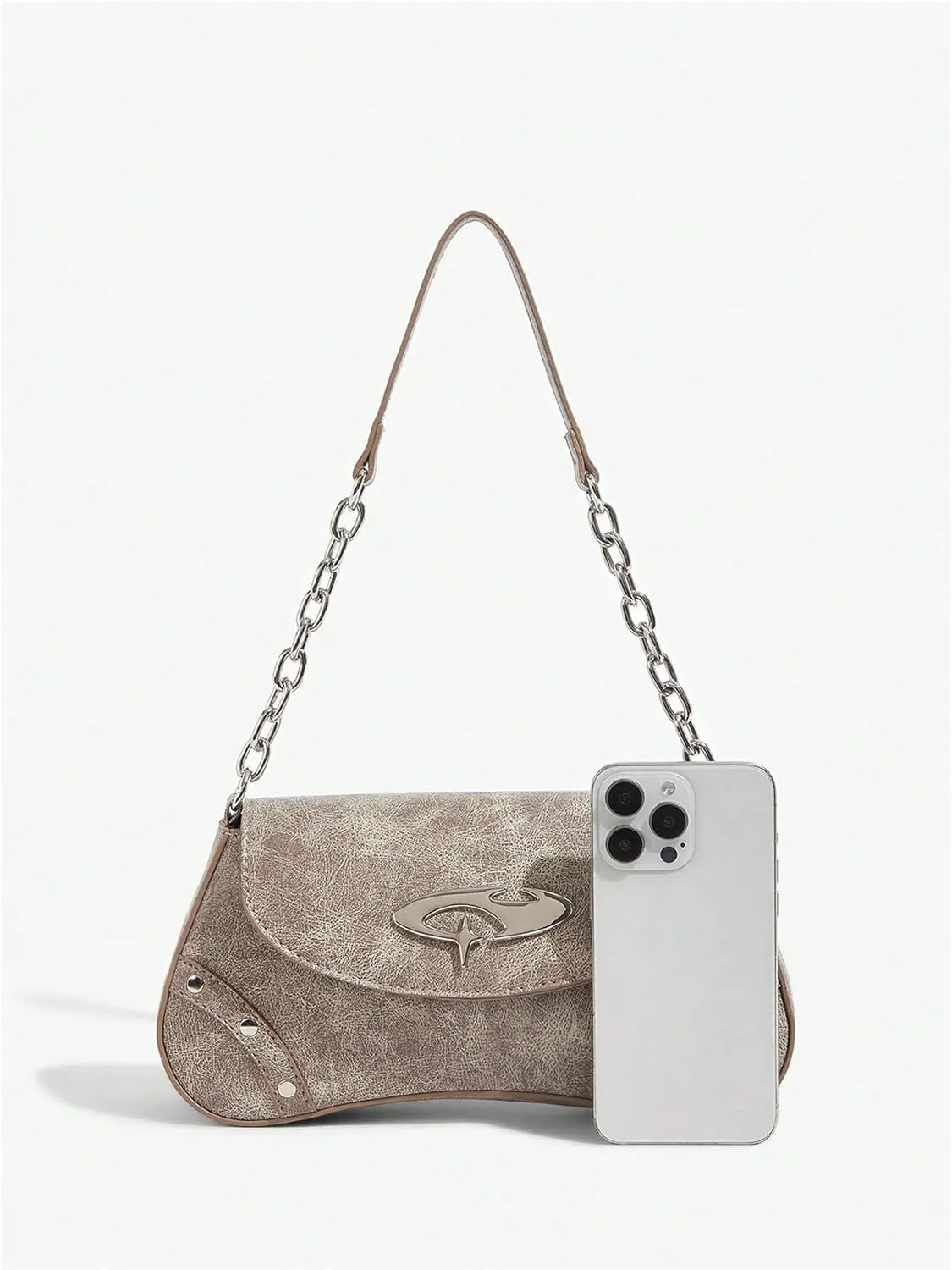 Verdusa Women's Punk Studded Flap Leather Bags Chain Top Handle Underarm Shoulder Bag