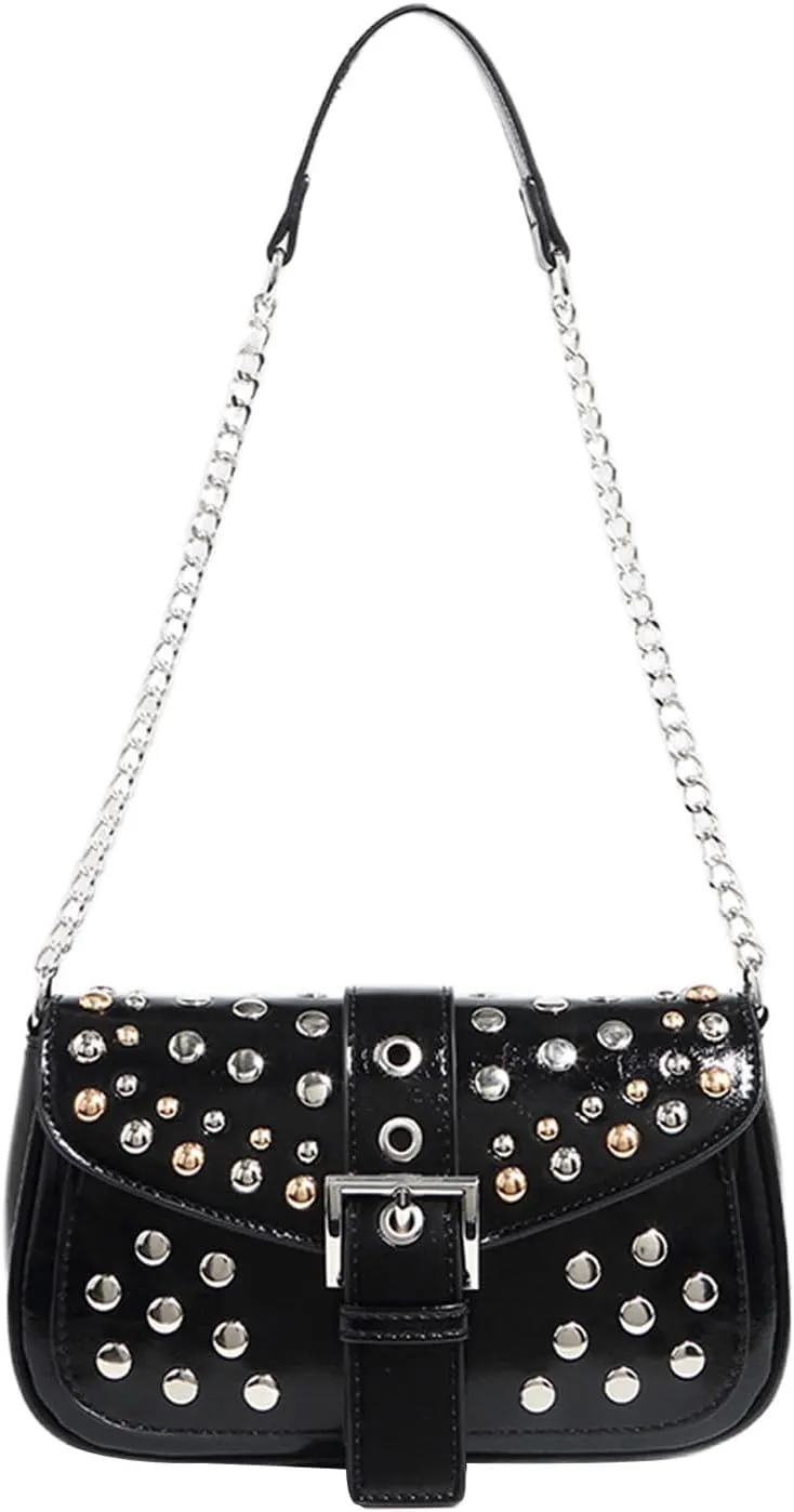 Verdusa Women's Punk Studded Leather Bags Top Handle Buckle Underarm Shoulder Handbags