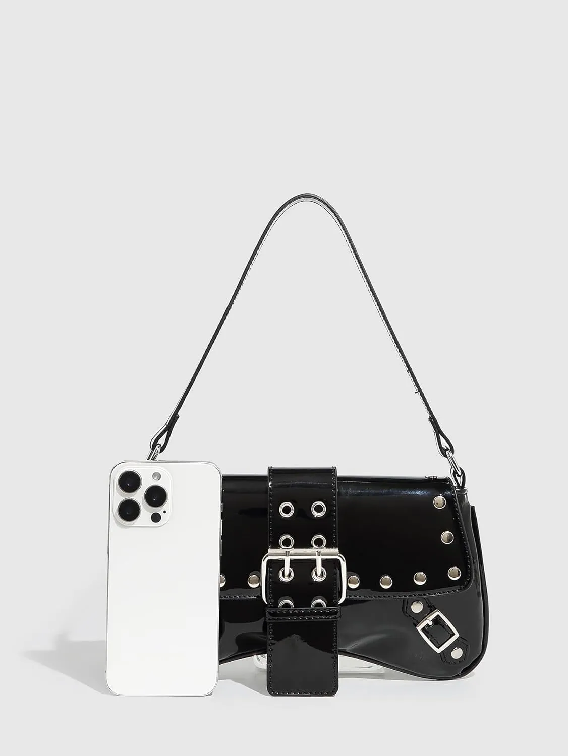 Verdusa Women's Punk Studded PU Leather Shoulder Handbags Flap Underarm Bags with Buckle