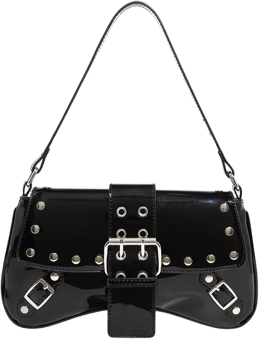 Verdusa Women's Punk Studded PU Leather Shoulder Handbags Flap Underarm Bags with Buckle