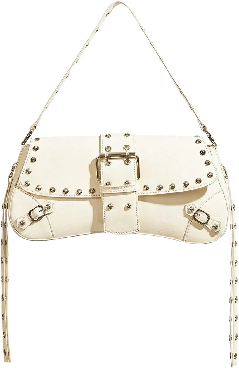 Verdusa Women's Shoulder Bag Y2K Handbag Rivet Punk Hobo Purse with Buckle