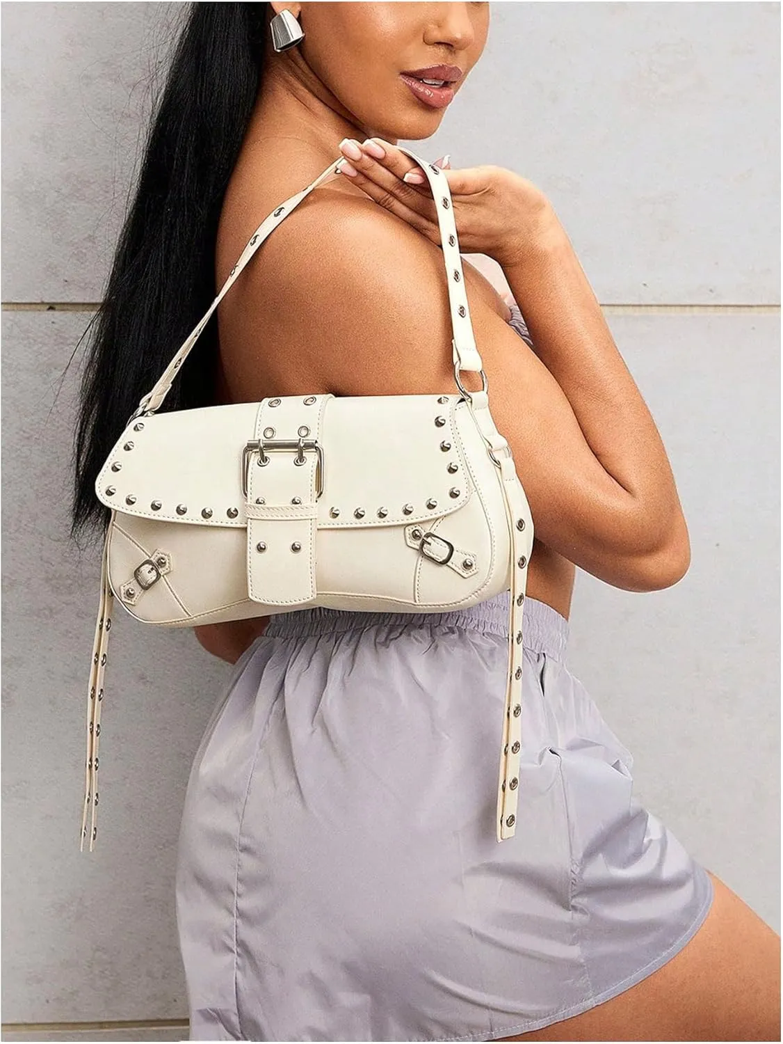 Verdusa Women's Shoulder Bag Y2K Handbag Rivet Punk Hobo Purse with Buckle