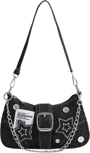 Verdusa Women's Star Buckle Underarm Shoulder Bags Retro Y2k Metal Chain Top Handle Crescent Bag