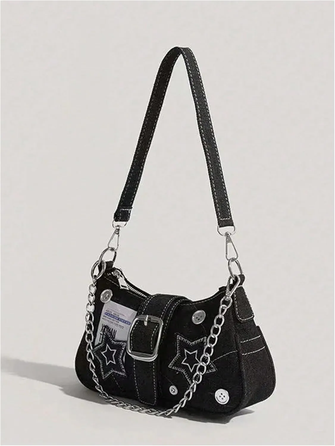 Verdusa Women's Star Buckle Underarm Shoulder Bags Retro Y2k Metal Chain Top Handle Crescent Bag