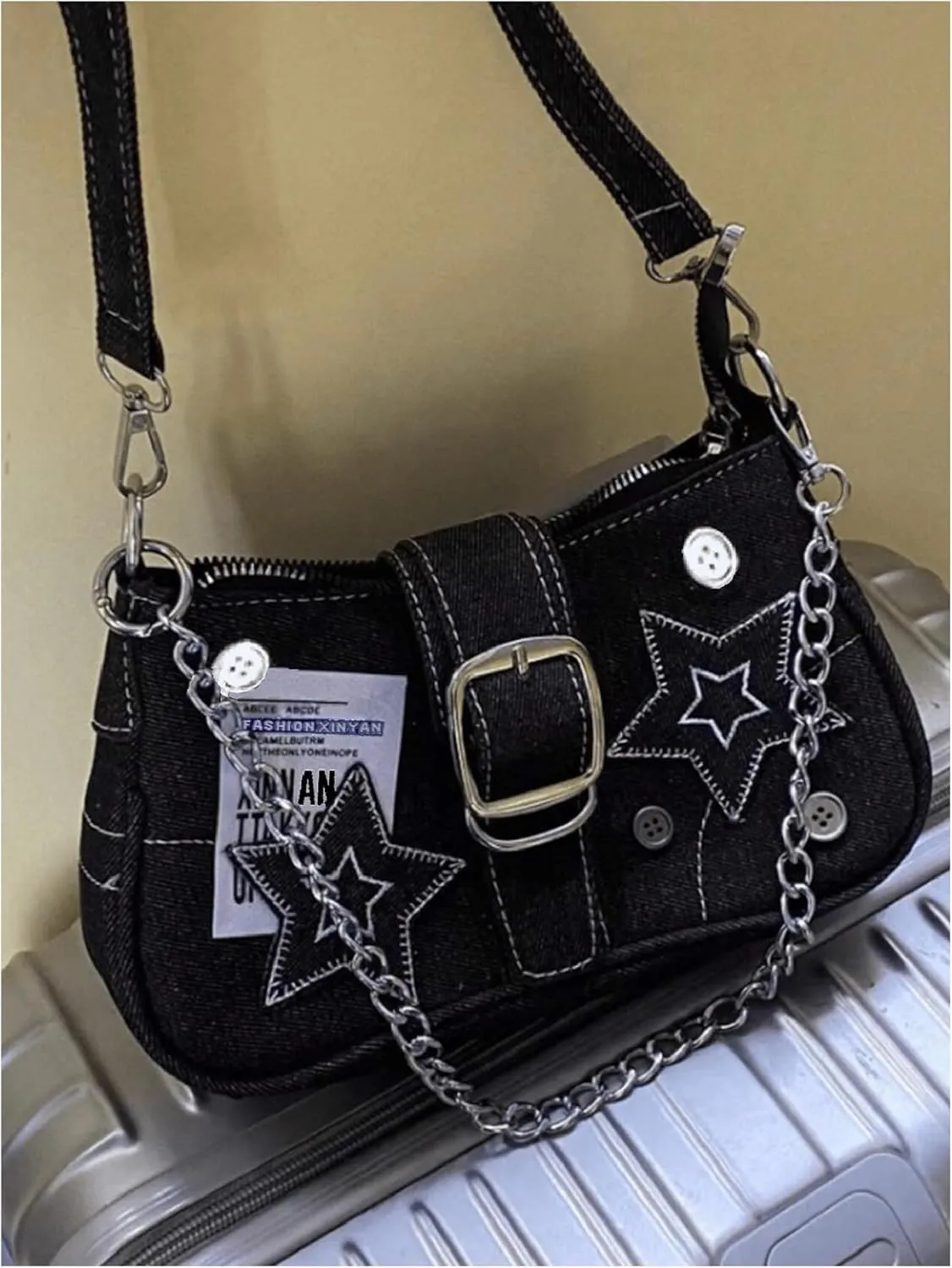 Verdusa Women's Star Buckle Underarm Shoulder Bags Retro Y2k Metal Chain Top Handle Crescent Bag