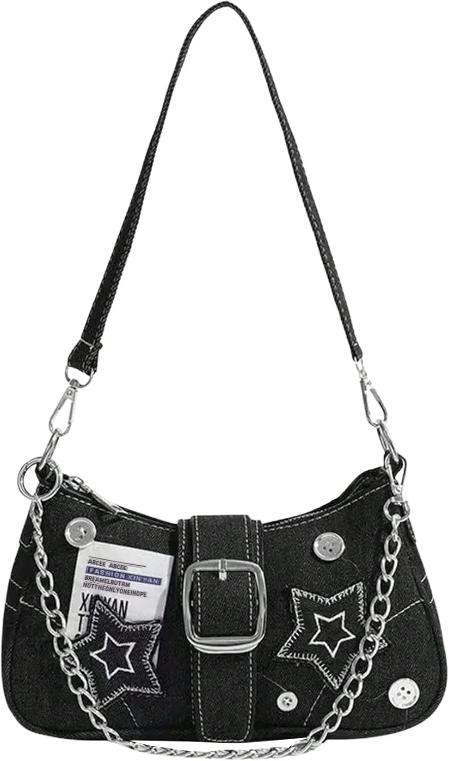 Verdusa Women's Star Buckle Underarm Shoulder Bags Retro Y2k Metal Chain Top Handle Crescent Bag
