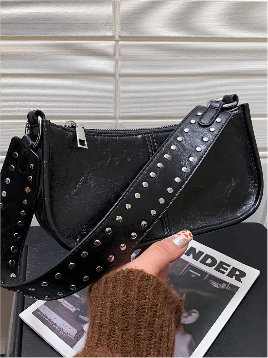 Verdusa Women's Studded PU Leather Shoulder Bags Casual Crossbody Purse Handbags