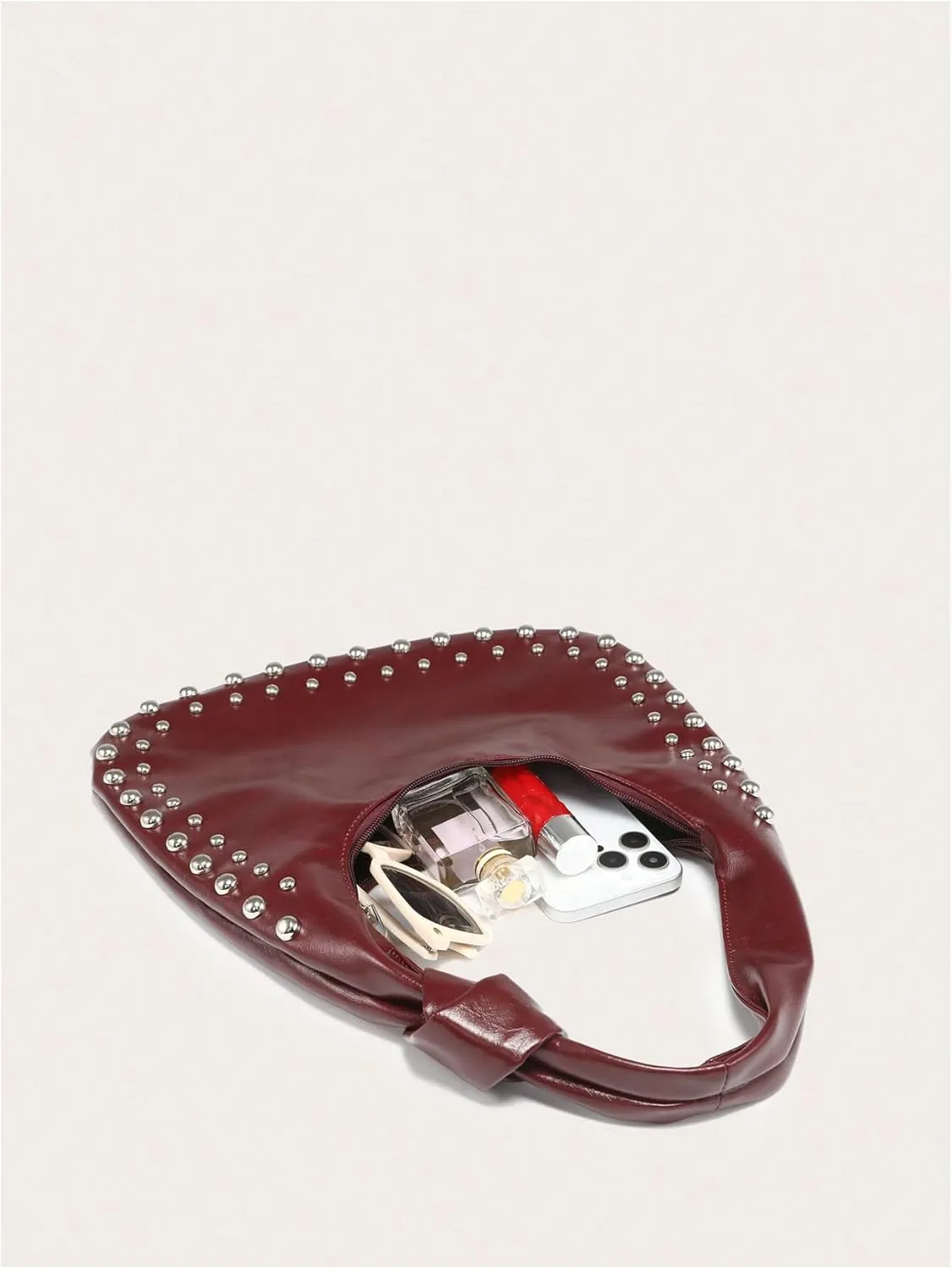 Verdusa Women's Studded PU Leather Shoulder Handbags Vintage Zipper Hobo Purses Clutch Bags
