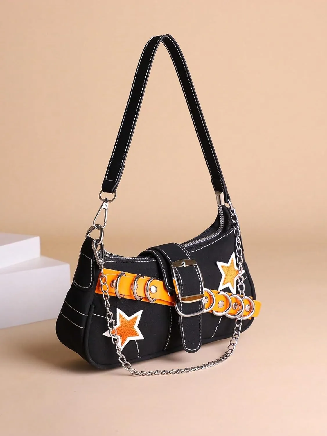 Verdusa Women's Y2k Star Embroidery Shoulder Bag Mini Chain Vacation Hobo Handbag Purses