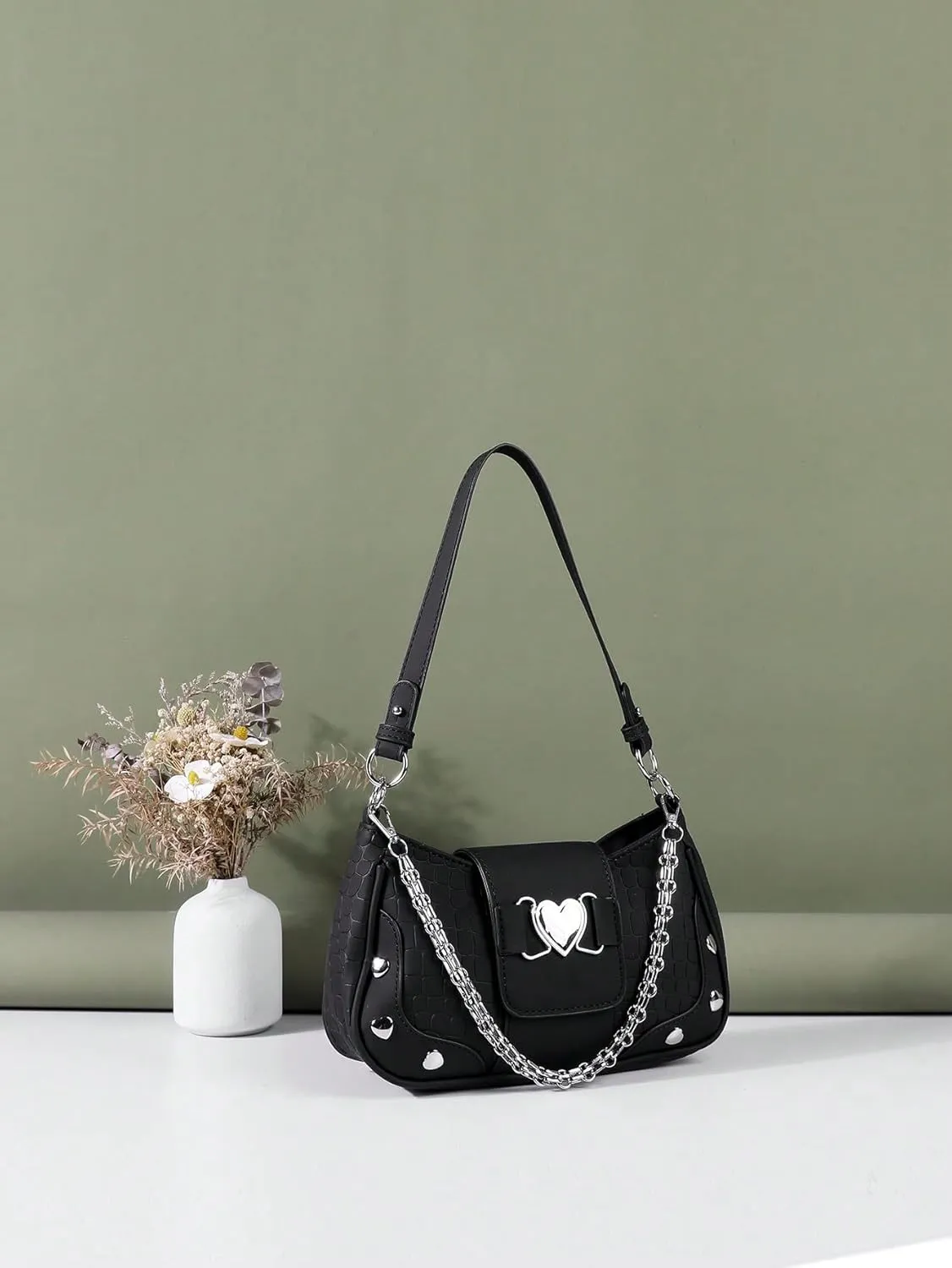 Verdusa Women's Y2k Studded PU Leather Hobo Handbag Mini Shoulder Bags Clutch Purse