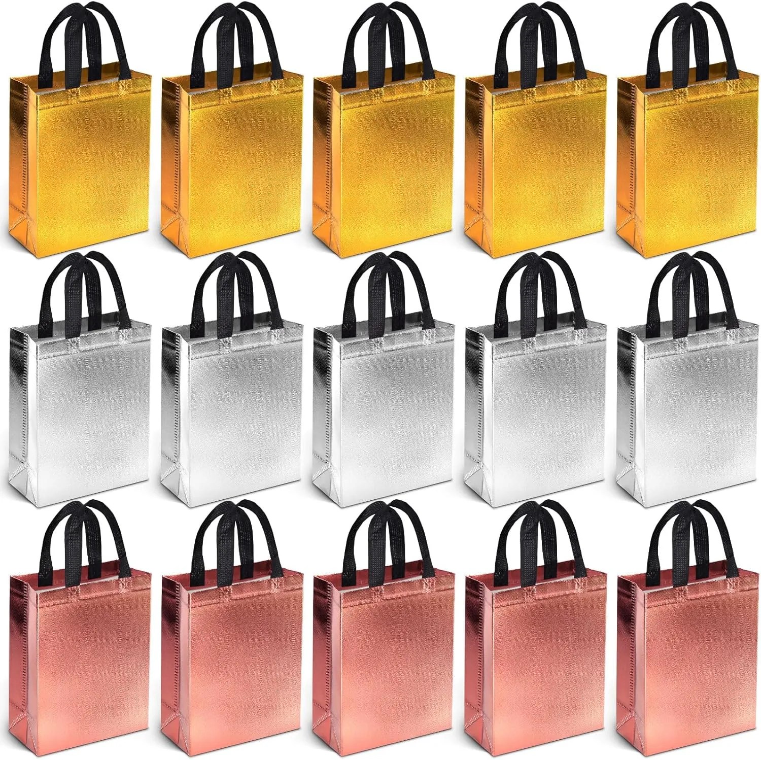 VGOODALL 15PCS Gift Bags With Handles - Gold, Silver, Rose Non-woven With Glossy Finish - Reusable 8x4x10 Inch for Kids Birthday, Wedding Party Favors