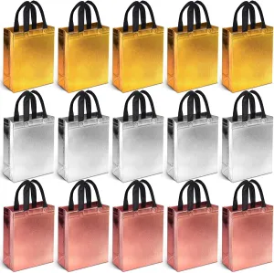 VGOODALL 15PCS Gift Bags With Handles - Gold, Silver, Rose Non-woven With Glossy Finish - Reusable 8x4x10 Inch for Kids Birthday, Wedding Party Favors