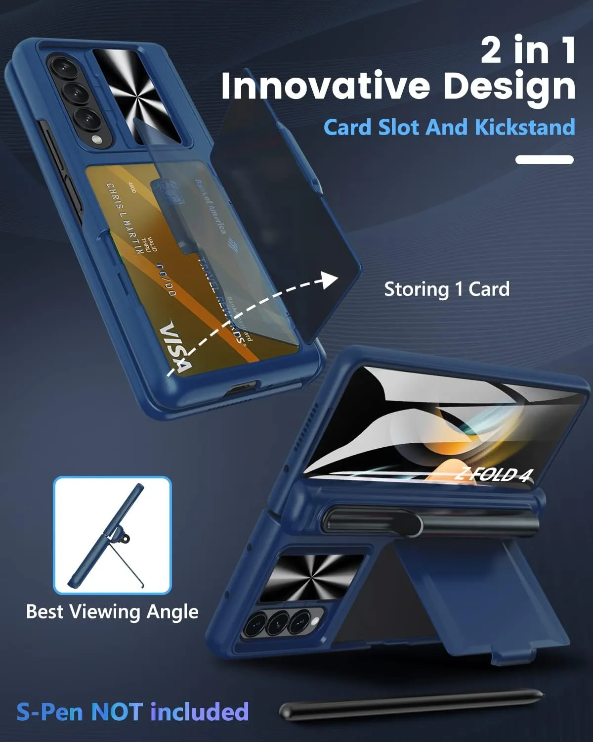 Viaotaily Galaxy Z Fold 4 Case with Card Holder & S Pen Slot & Hinge Protection & Kickstand, Built-in Screen Protector & Slide Camera Lens Cover, Shockproof Case for Samsung Z Fold 4 5G 2022 (Blue)