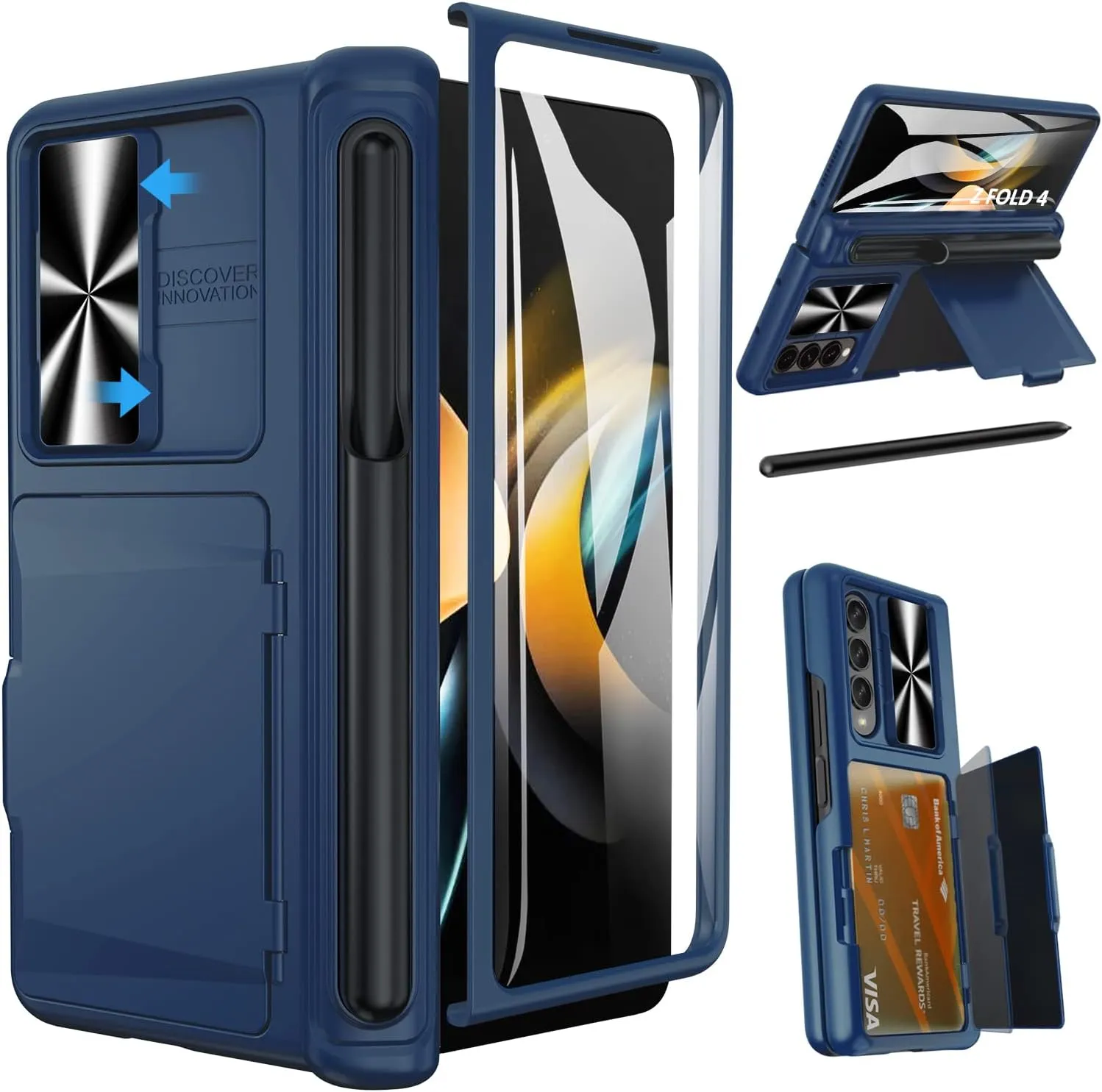 Viaotaily Galaxy Z Fold 4 Case with Card Holder & S Pen Slot & Hinge Protection & Kickstand, Built-in Screen Protector & Slide Camera Lens Cover, Shockproof Case for Samsung Z Fold 4 5G 2022 (Blue)