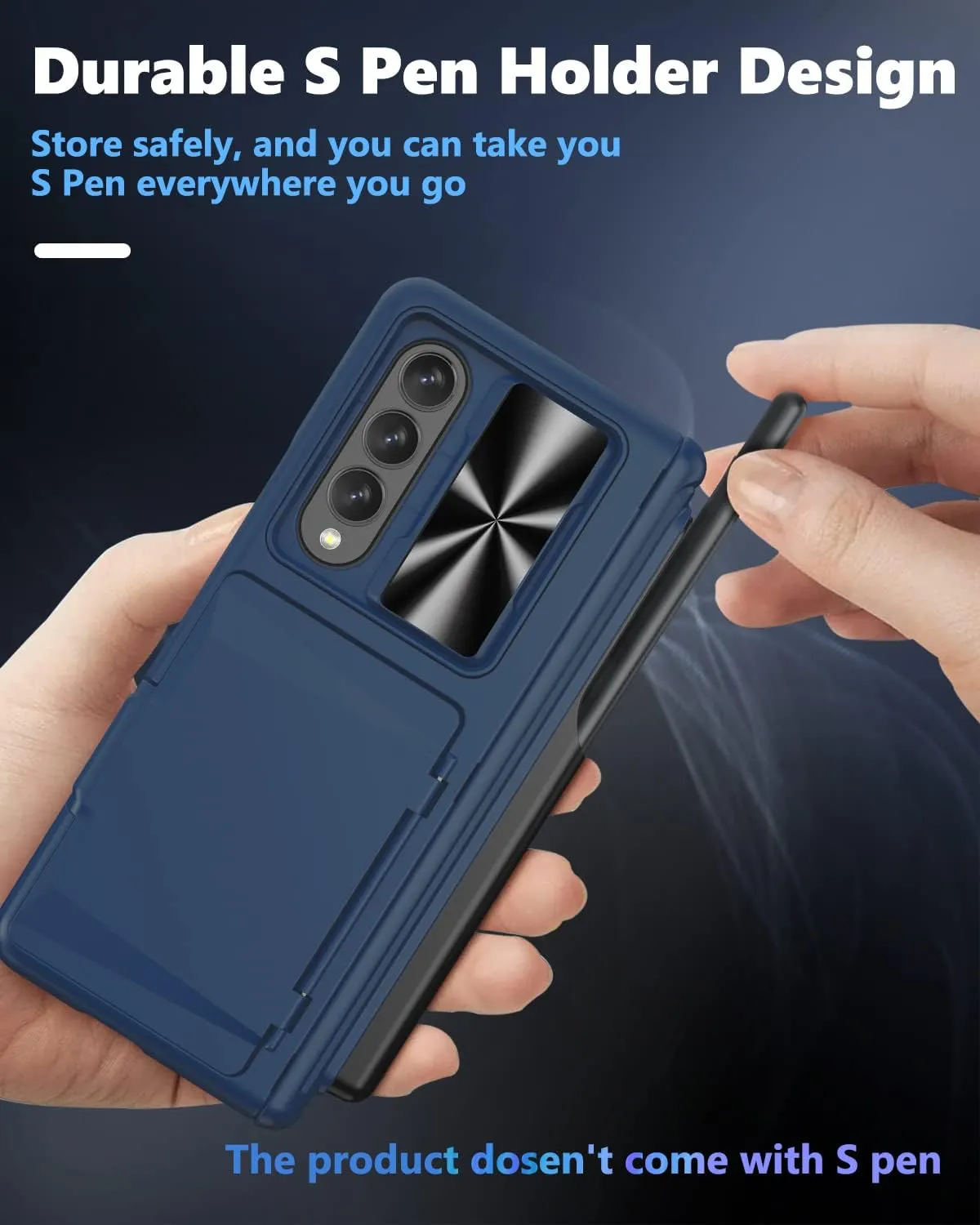 Viaotaily Galaxy Z Fold 4 Case with Card Holder & S Pen Slot & Hinge Protection & Kickstand, Built-in Screen Protector & Slide Camera Lens Cover, Shockproof Case for Samsung Z Fold 4 5G 2022 (Blue)
