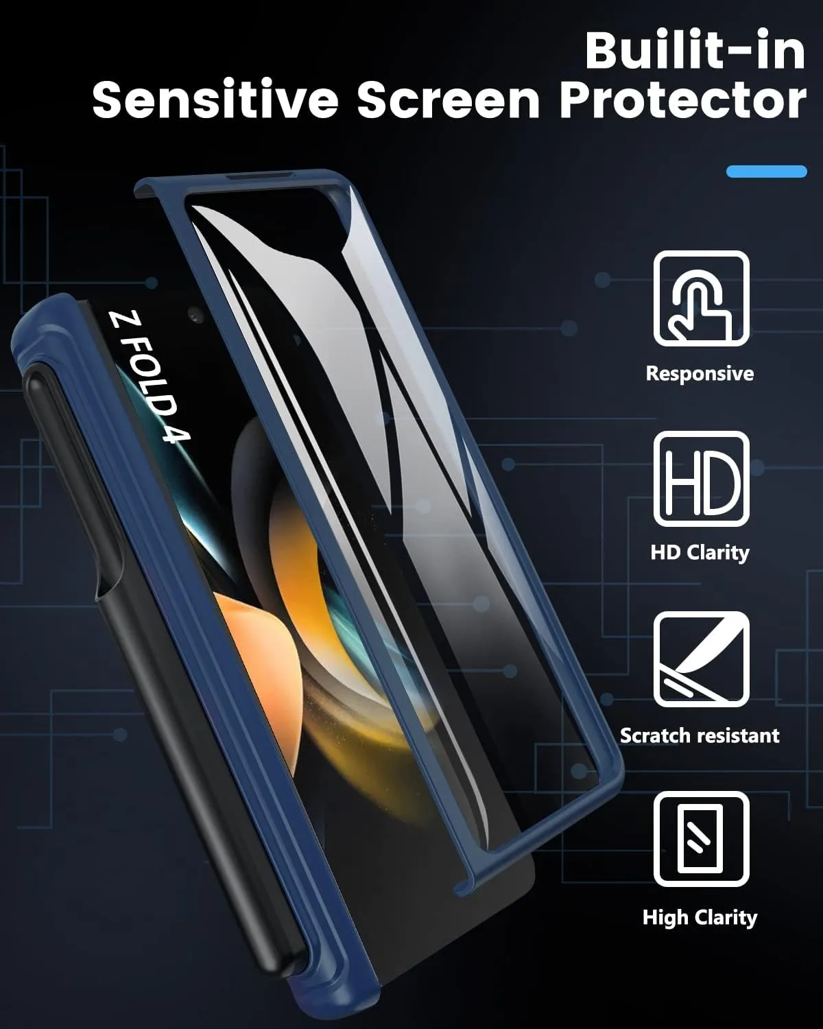 Viaotaily Galaxy Z Fold 4 Case with Card Holder & S Pen Slot & Hinge Protection & Kickstand, Built-in Screen Protector & Slide Camera Lens Cover, Shockproof Case for Samsung Z Fold 4 5G 2022 (Blue)