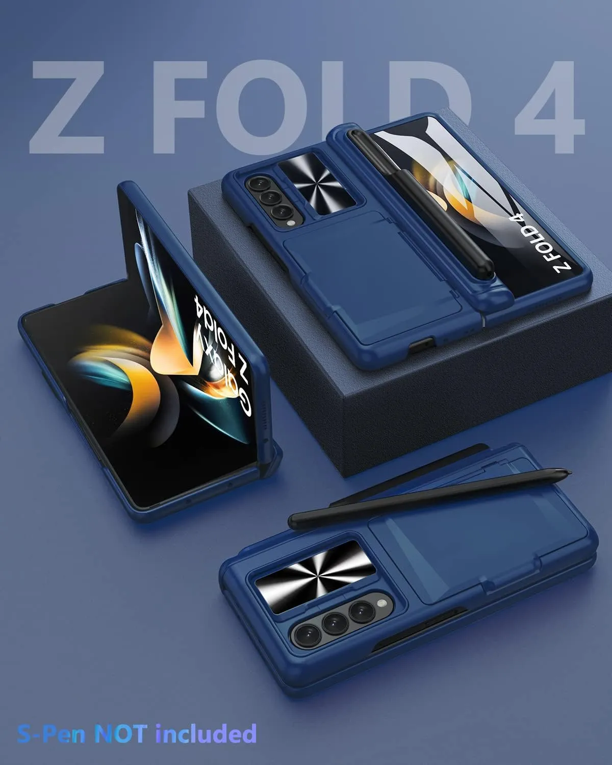 Viaotaily Galaxy Z Fold 4 Case with Card Holder & S Pen Slot & Hinge Protection & Kickstand, Built-in Screen Protector & Slide Camera Lens Cover, Shockproof Case for Samsung Z Fold 4 5G 2022 (Blue)