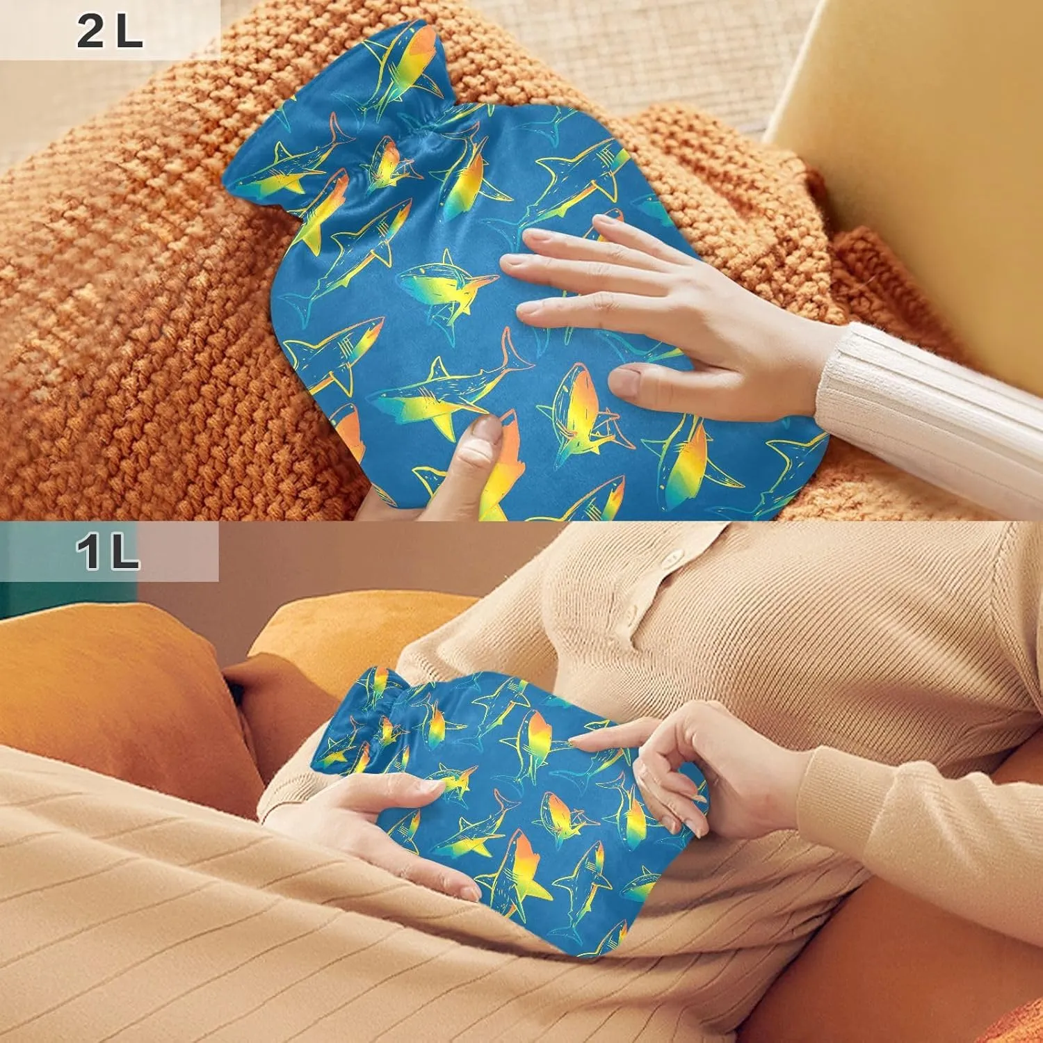 Vibrant Sharks Blue Hot Water Bottle Bag with Cover, 2 Liters Cute Hot Water Bags for Menstrual Cramps, Neck, Shoulder, Back Pain Relief, Hot and Cold Compress