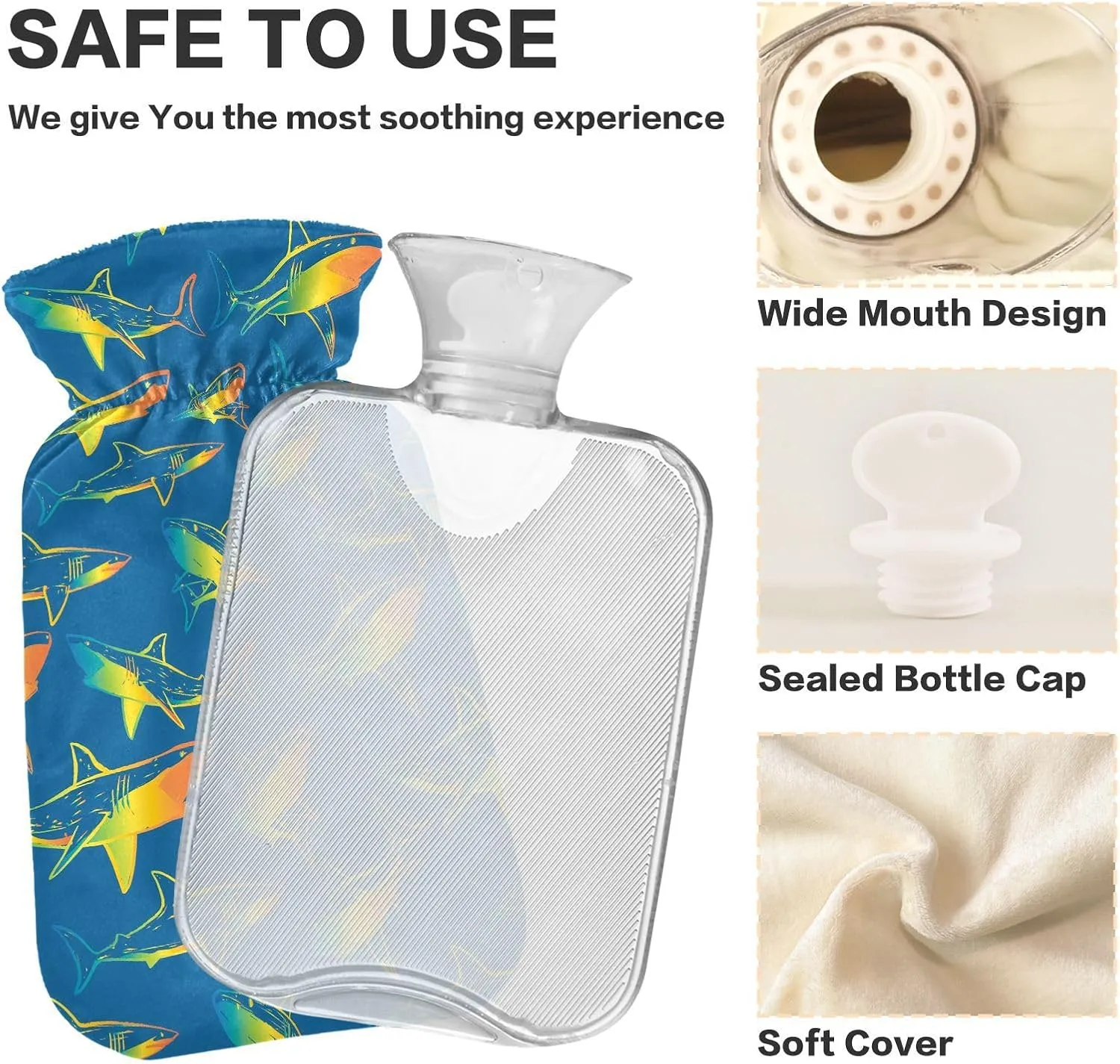 Vibrant Sharks Blue Hot Water Bottle Bag with Cover, 2 Liters Cute Hot Water Bags for Menstrual Cramps, Neck, Shoulder, Back Pain Relief, Hot and Cold Compress
