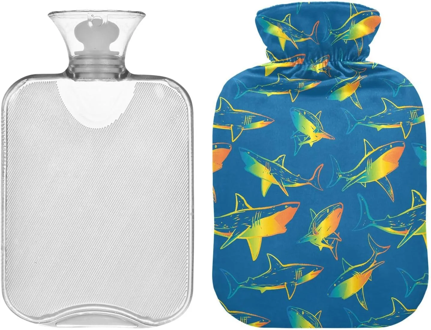 Vibrant Sharks Blue Hot Water Bottle Bag with Cover, 2 Liters Cute Hot Water Bags for Menstrual Cramps, Neck, Shoulder, Back Pain Relief, Hot and Cold Compress