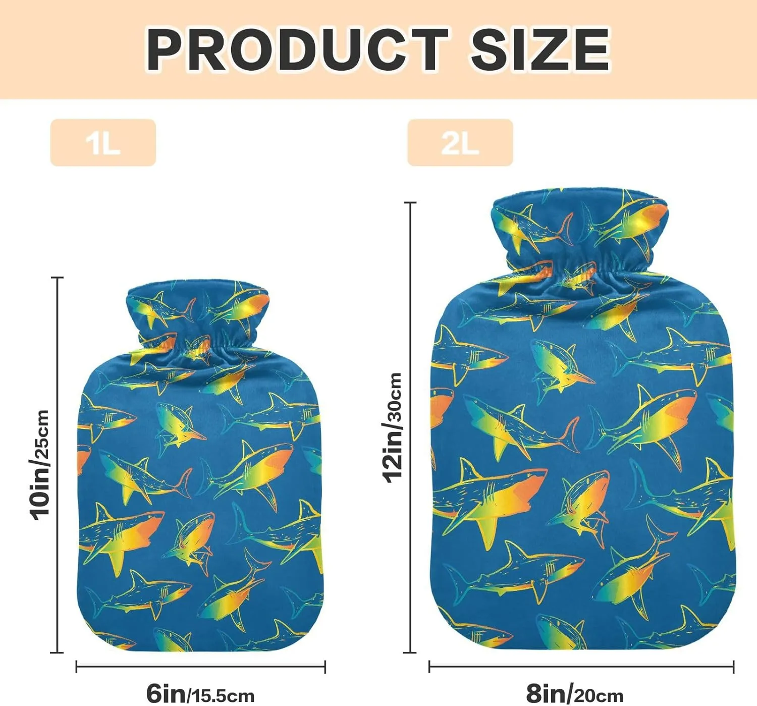Vibrant Sharks Blue Hot Water Bottle Bag with Cover, 2 Liters Cute Hot Water Bags for Menstrual Cramps, Neck, Shoulder, Back Pain Relief, Hot and Cold Compress